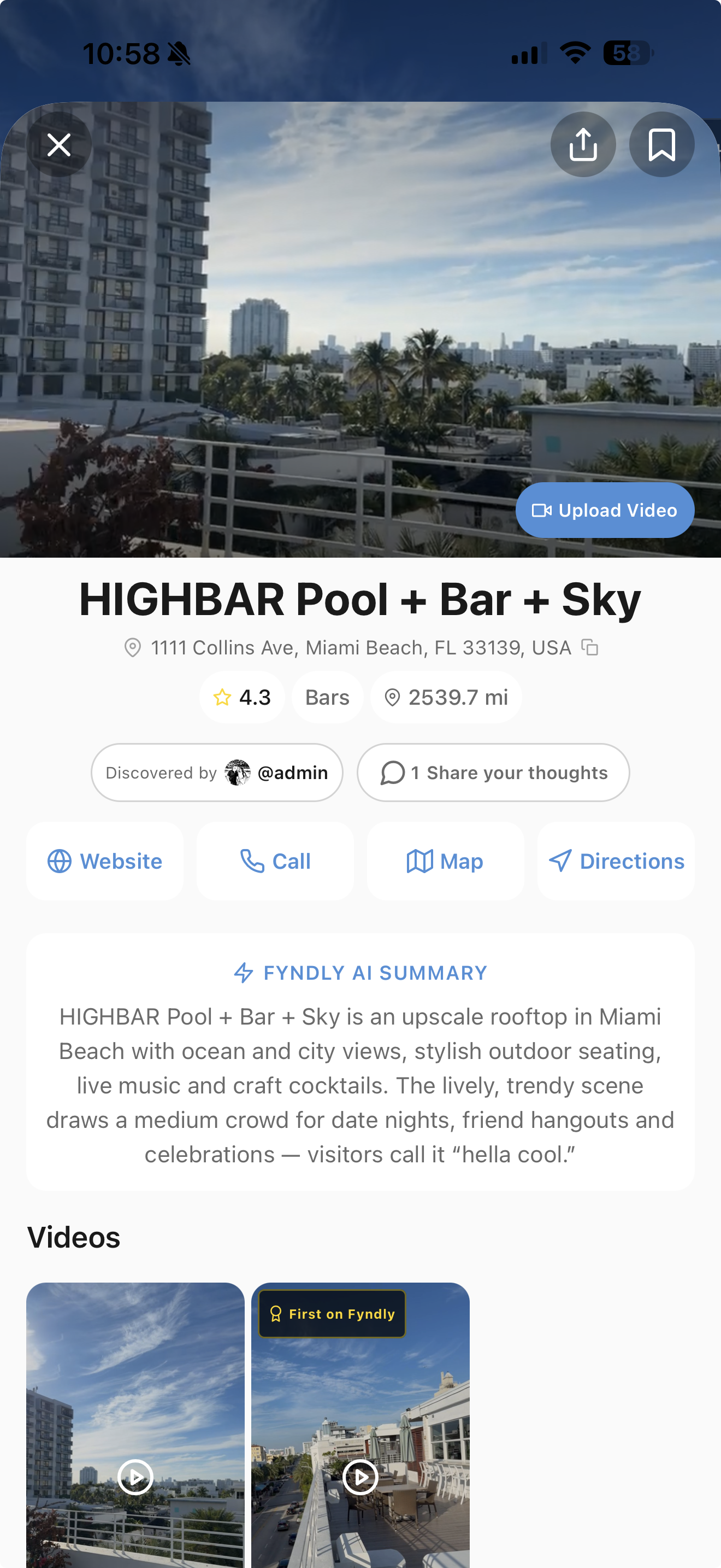 Fyndly Location Page for HIGHBAR Pool Bar Sky showing AI summary, videos, and First on Fyndly badge